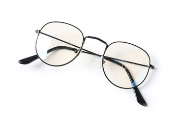 Eyeglasses with broken lens isolated on white, top view