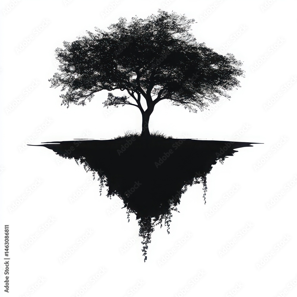 Poster silhouette of a tree with an inverted reflection creating a surreal and artistic composition view. t