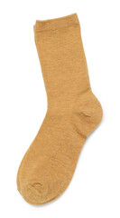Pair of dark yellow socks isolated on white, top view