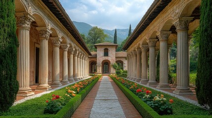 Obraz premium Ancient colonnaded walkway, lush gardens