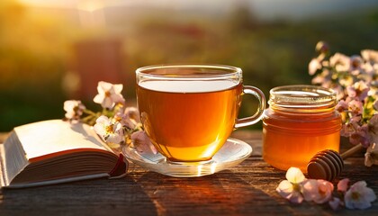 warm tea and a book in the sunshine near honey and flowers