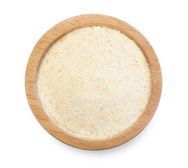 Aromatic garlic powder in bowl isolated on white, top view