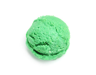 One scoop of delicious ice cream on white background, above view