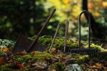 An assortment of old, rusty garden tools nestled among green moss and fallen leaves in an autumnal setting.