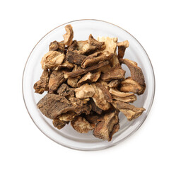 Pieces of dry chicory roots in bowl isolated on white, top view