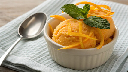 Orange sorbet served in white bowl, garnished with fresh orange zest and mint leaves, placed on textured cloth with spoon nearby