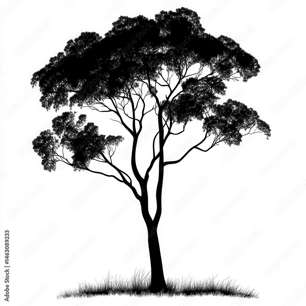 Poster a silhouette of a tree with grass at its base against a white background in a minimalist style. tree
