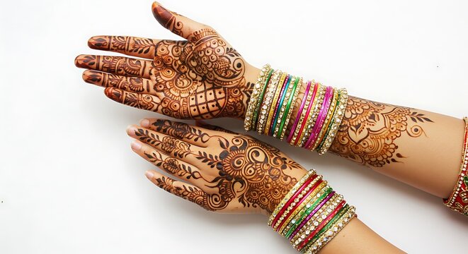 hand with henna mehndi designs and bangles elegantly positioned in the middle of a white background art of nail and tattoo suitable for ceremonial
