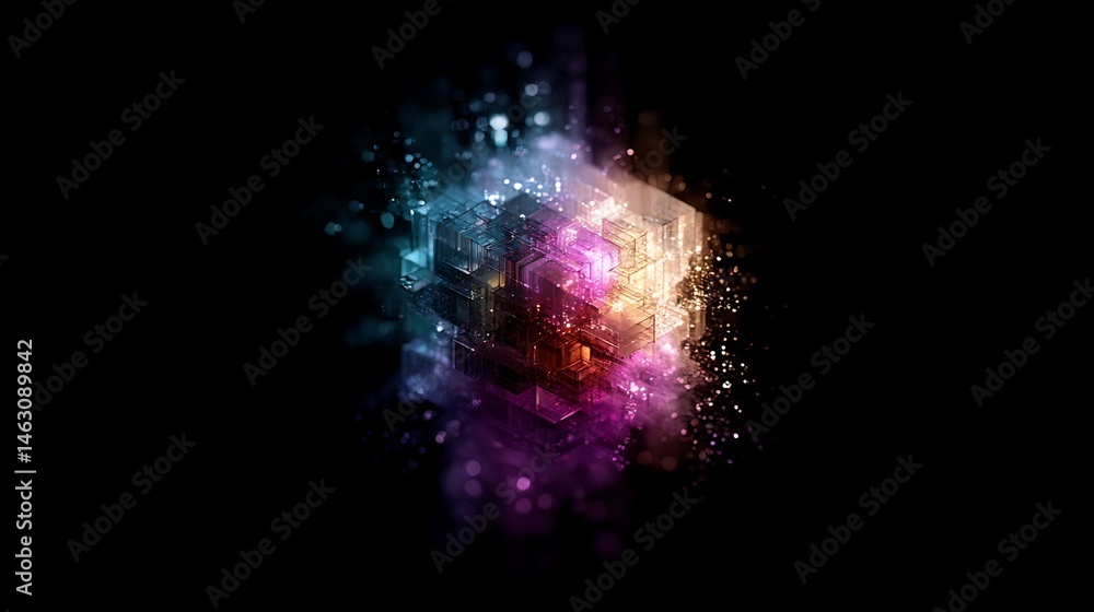 Aufkleber abstract cubic structure with vibrant colors and particles on black background