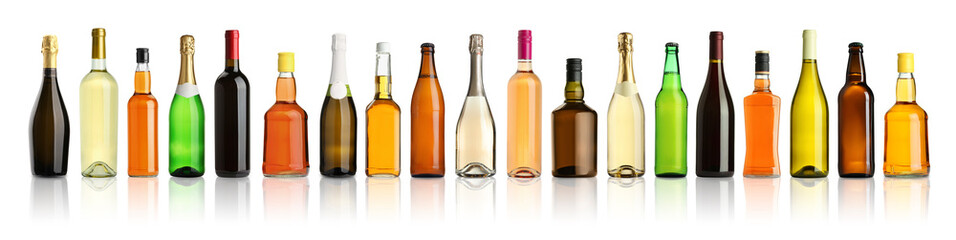 Bottles with different types of alcoholic drinks isolated on white, set