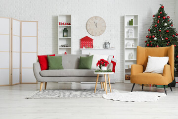 Interior of living room with sofa, armchair and Christmas plant poinsettia on table