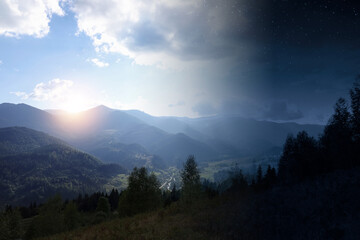 Mountain landscape on sunny day and starry night. Combined design