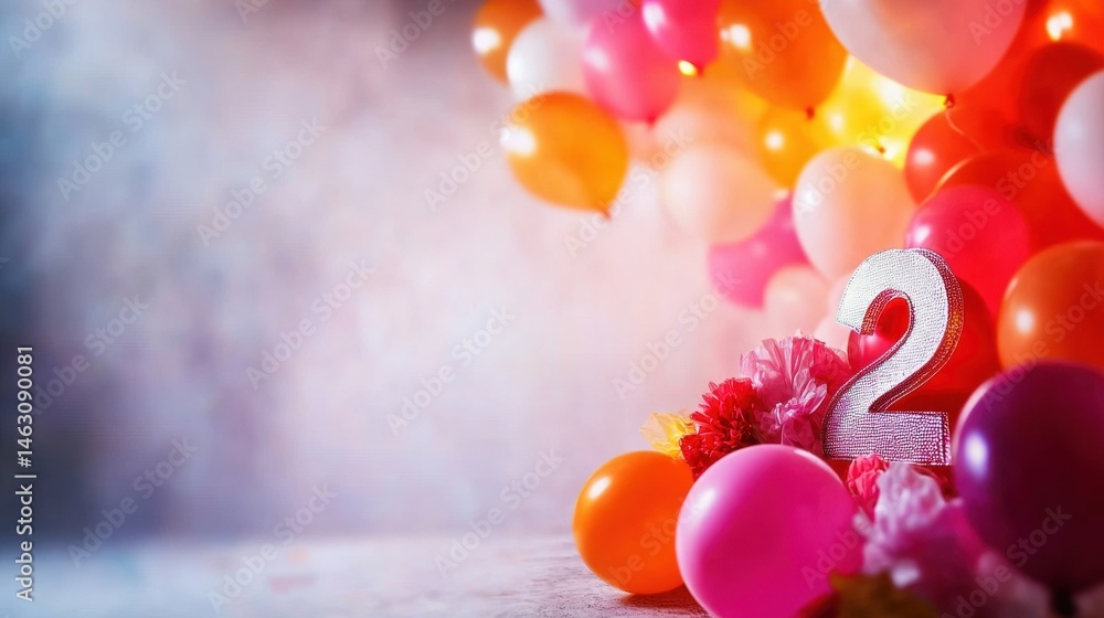 Poster a vibrant array of balloons in various colors surrounds a shimmering number two, set against a softl