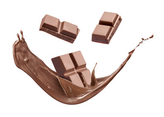 Chocolate pieces and splash of cocoa drink in air on background