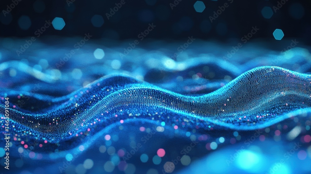 Aufkleber shimmering blue waves stretch across a dark background, reflecting light with sparkling particles cr