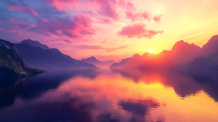 Obraz premium Serenity at Sunset: A Landscape of Tranquil Reflections and Majestic Mountains