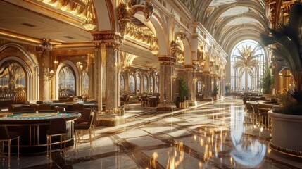 Obraz premium Luxurious casino interior with ornate design and palm trees