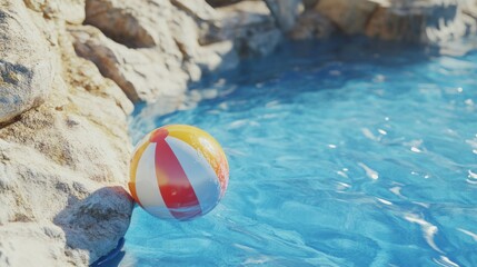 Obraz premium Relaxing poolside escape with beach ball, rock formations and crystal waters