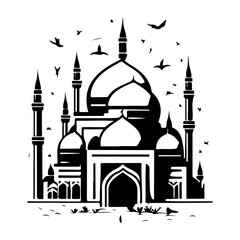 Elegant Silhouette of an Islamic Mosque against a Clear Sky with Birds Flying
