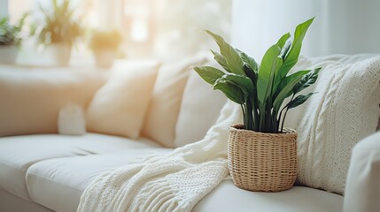 Cozy Interior with a Plant and Textiles