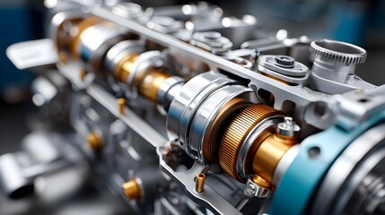 Fototapeta premium Photographic detail of internal combustion engine in garage environment