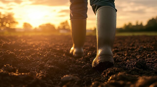 Silhouette of Farmer's Feet Trekking Through Rich Soil at Dusk - Agriculture Lifestyle in Rubber Boots