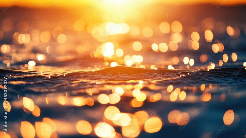 Poster waves gently ripple under the golden glow of the setting sun, creating a serene scene filled with sh