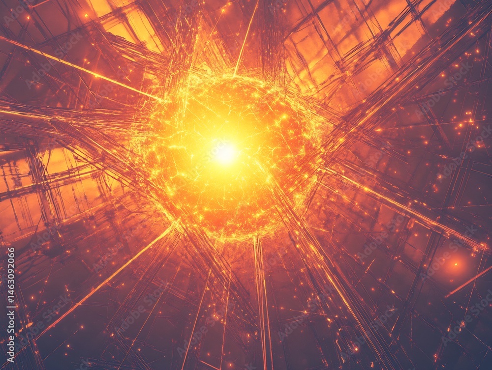 Poster abstract representation showcasing bright central light amidst linear structures