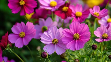 Obraz premium Blooming Cosmos Flowers in a Garden with Vibrant Colors and Detail