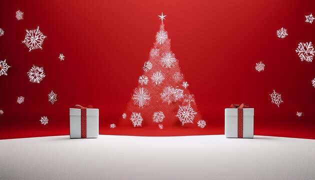 abstract christmas tree in a minimal landscape with two gitf boxes and white snowflakes christmas illustration with red background and white shapes