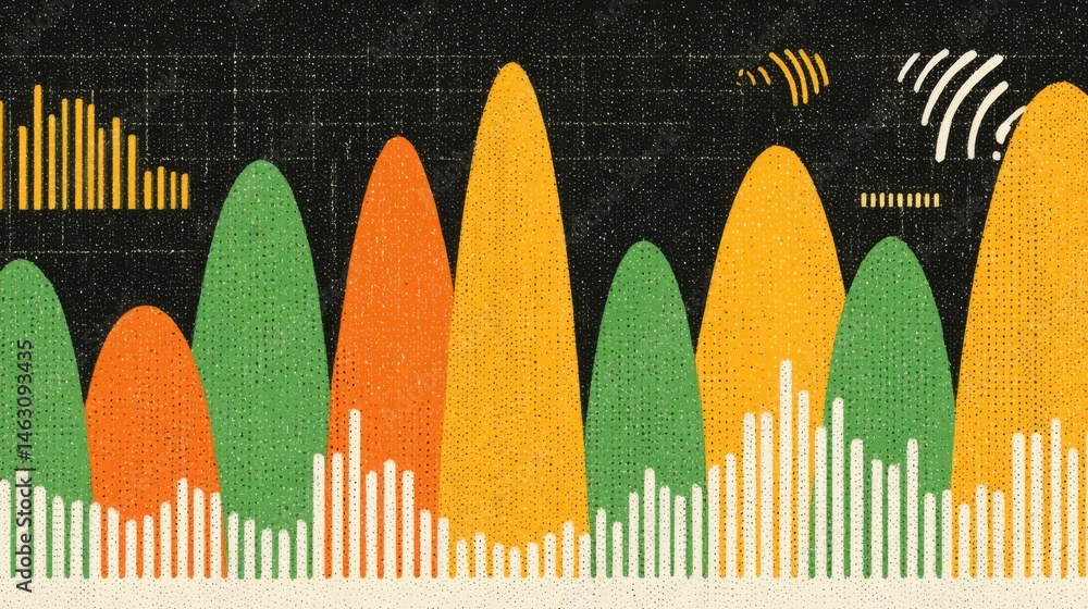 Poster abstract illustration of data visualization and sound wave analysis on a black background.