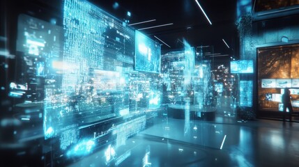 Futuristic digital cityscape with glowing data displays