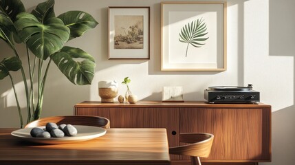 Mid-century modern living room, sunlight, plants, record player