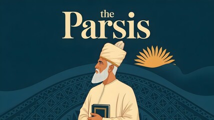 a member of the Parsi community, dressed in traditional white attire and the characteristic turban, holding a sacred Zoroastrian text