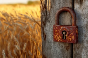 An old rusty padlock secures a weathered wooden gate, with a golden wheat field blurred in the background, suggesting rural security.