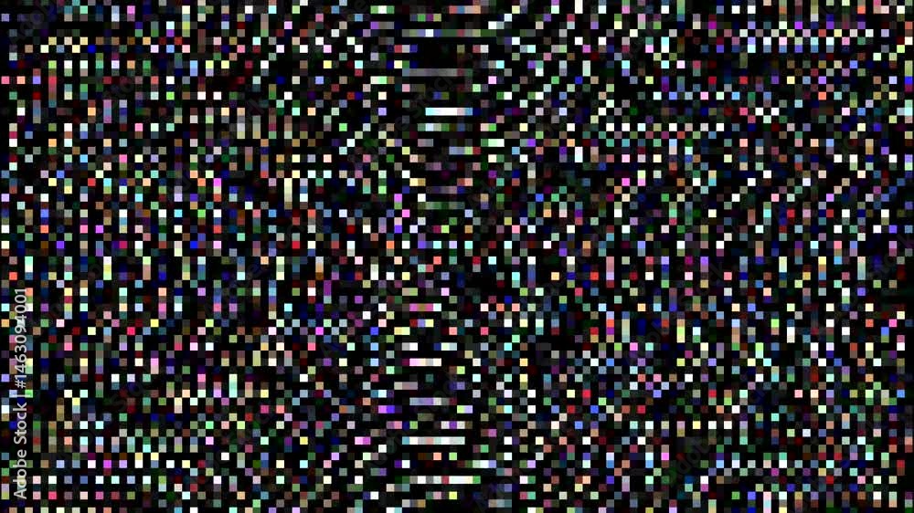Poster multi colored pixels in fast motion on a black background