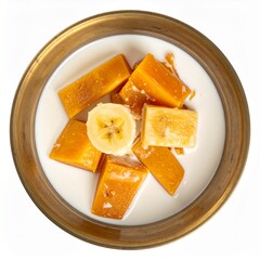 Warm Indonesian kolak dessert with banana, sweet potato and coconut milk in bronze bowl showing glossy sauce texture isolated background