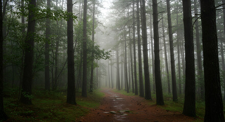 Fototapeta premium Misty Forest Trail Through A Dense Wooded Area With Tall Pine Trees