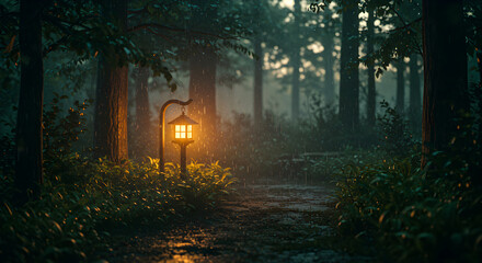 Obraz premium Enchanted Forest Path Lit By Lantern In The Rain During Twilight