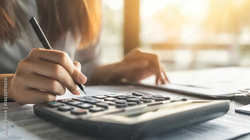 Poster close-up of a woman using a calculator to calculate financial data in the office workspace