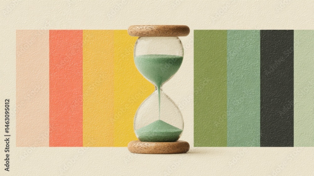 Poster An elegant hourglass with a colorful backdrop representing the passage of time.