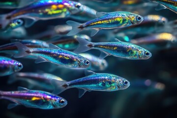 A school of shimmering, iridescent neon tetra fish swim together in a dark, serene aquatic environment.