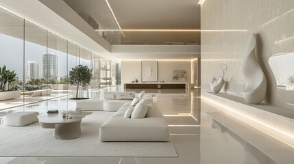 Modern minimalist apartment lobby overlooking city