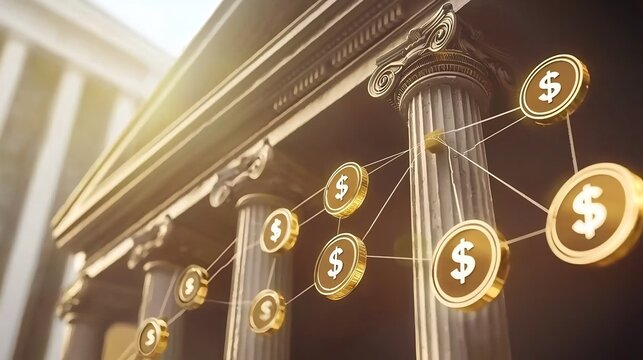 59 Symbolic Web Structure In 3d Render Where Bank Icons Monetary Elements and Virtual Trade Paths Define a New Age Digital Economy