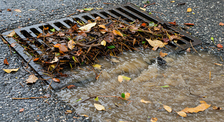 Stormwater Drainage System Clogged With Leaves And Debris During Autumn Season