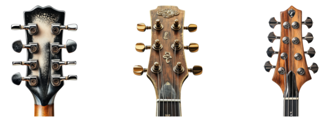 Vintage Guitar Headstocks with Unique Designs and Finishes Isolated Transparent Background