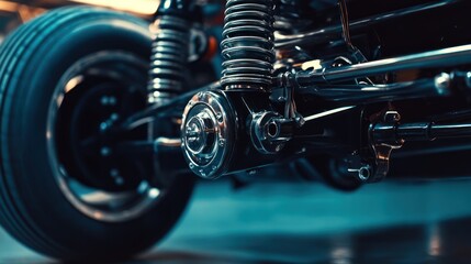 Detailed view of custom hot rod chassis showcasing chrome suspension and wheels