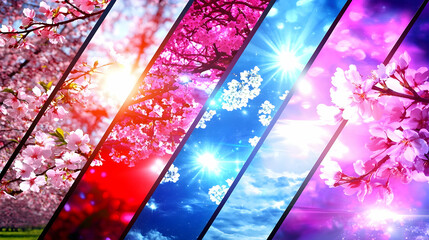 Spring blossom collage vibrant flowers, sunlit skies, nature's beauty, seasonal change, perfect for calendar or website background