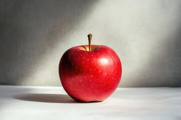 A ripe red apple with a stem sits prominently on a white surface, bathed in soft, diffused light against a neutral gray backdrop.