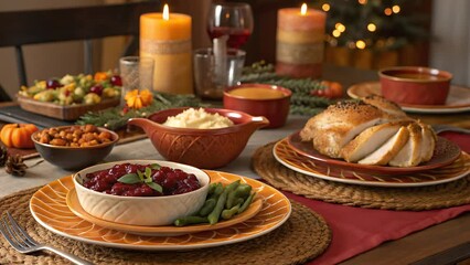 Festive thanksgiving dinner table setting with candles and food